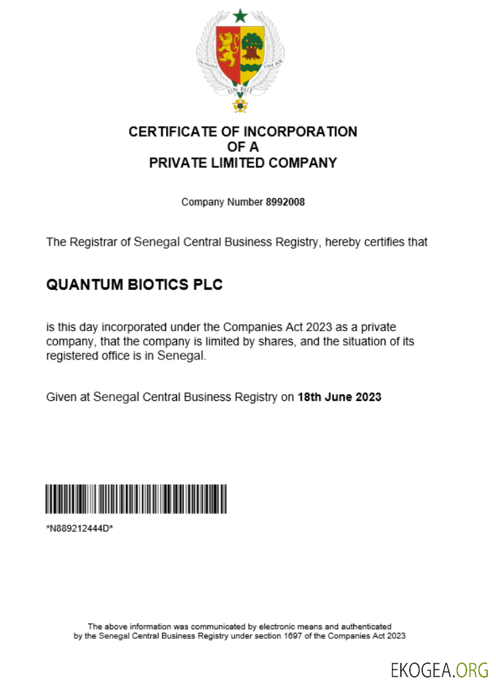 Modèle Word et PDF de certificat d'enregistrement d'entreprise au Sénégal